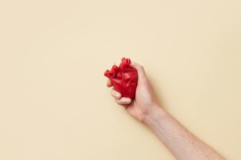 Virale Myokarditis A realistic red anatomical heart model held firmly in a hand against a beige background.